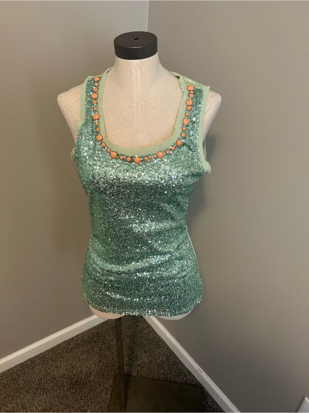 BKE Mint Green Sequin Tank with Coral Bead Neckline